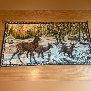vtg 1965 Winter Deer Scene Tapestry Vintage R.T.C.  39”x19” Wall Hanging See pic